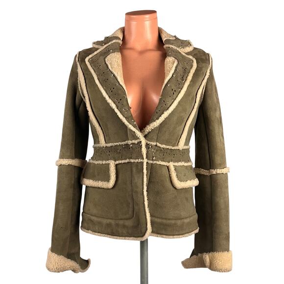 Y2K Shearling Sheepskin Fur Leather Blazer Jacket XS-S Mos - Picture 2 of 14